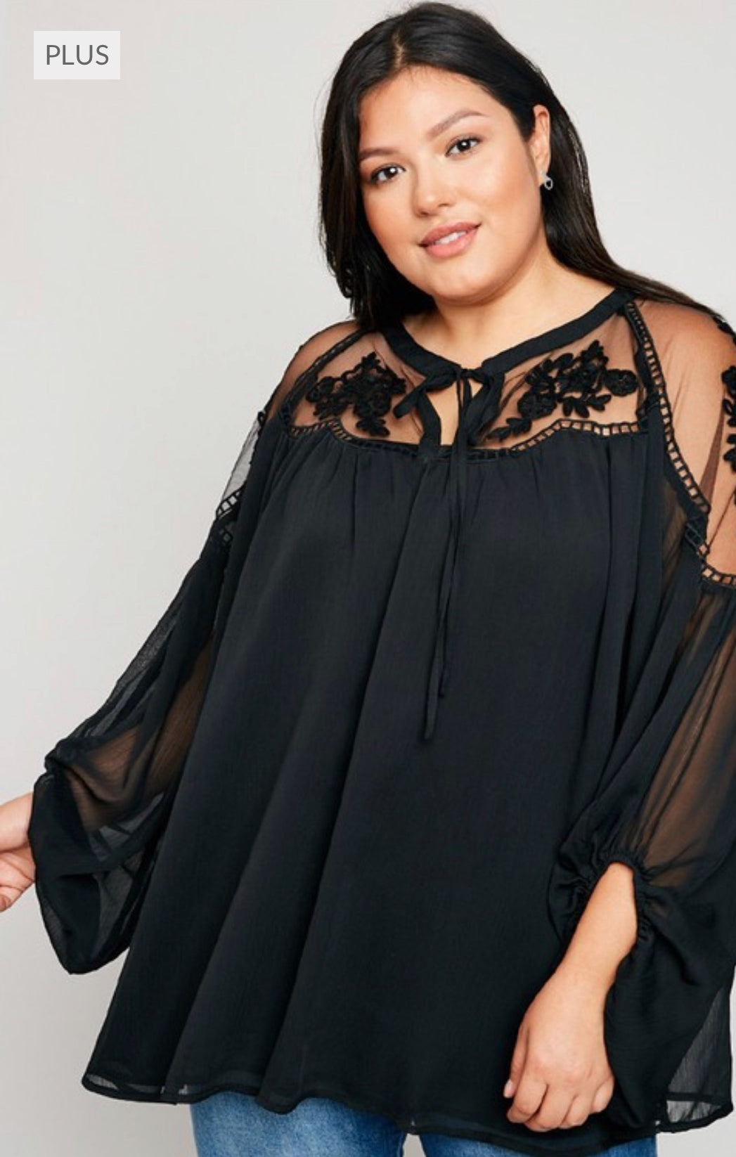 Plus Size Black Sheer & Lace Top