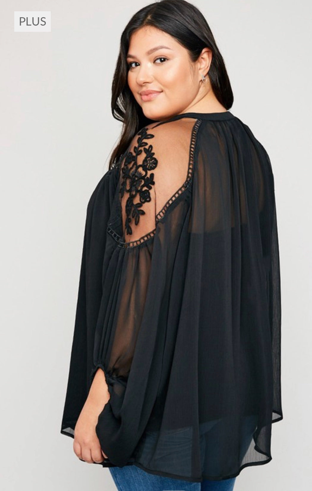 Plus Size Black Sheer & Lace Top