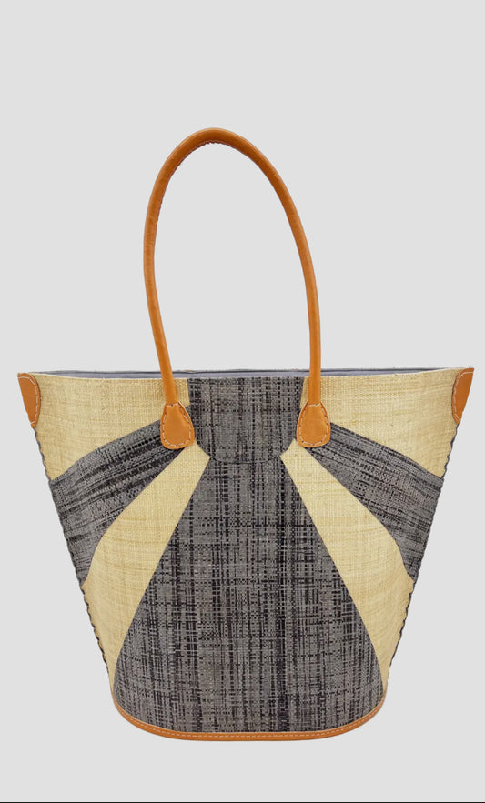 Grey Sunburst Large Straw Tote Bag