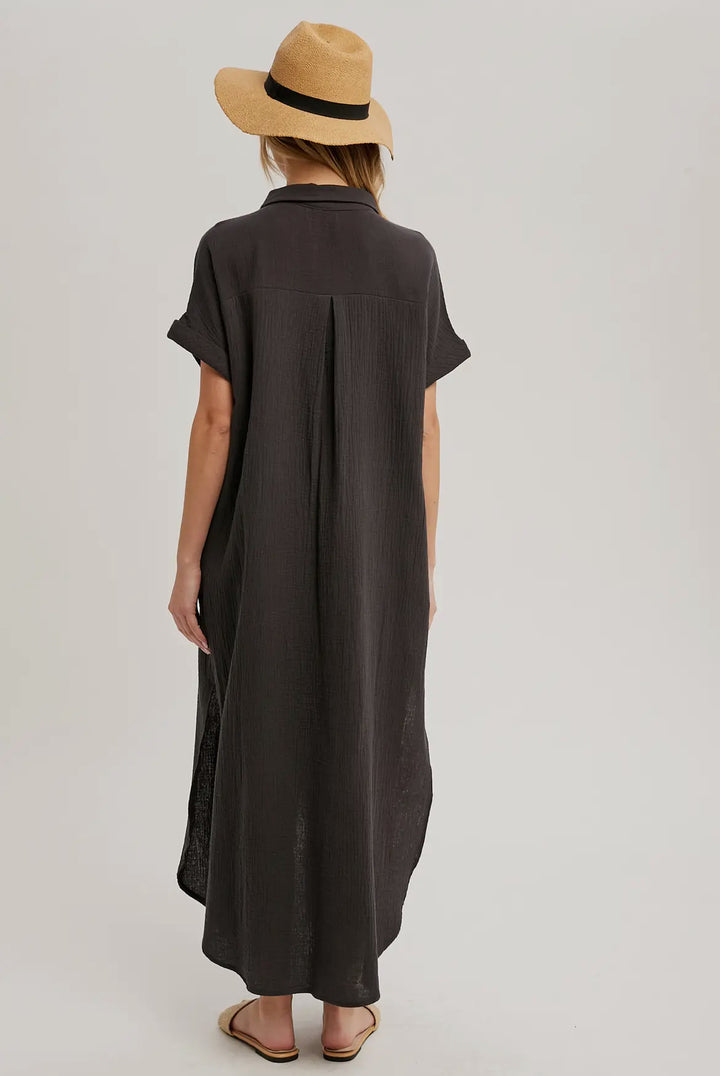 Gray Button Up Maxi Shirt Dress