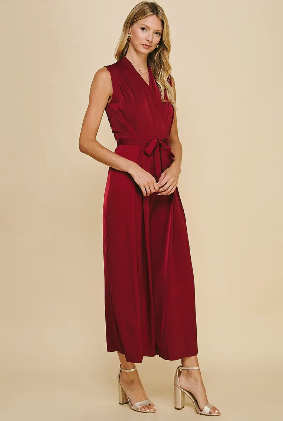 Wine Sleeveless Wide Leg Jumpsuit