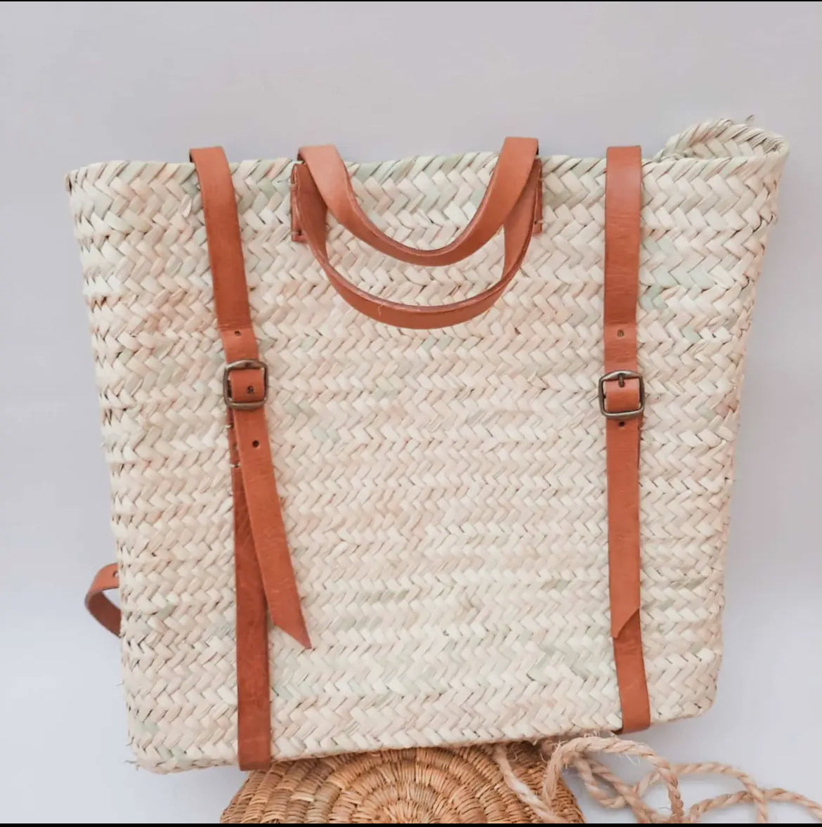 Handmade Farmers Market/Beach  Straw Backpack with Brown Leather Straps