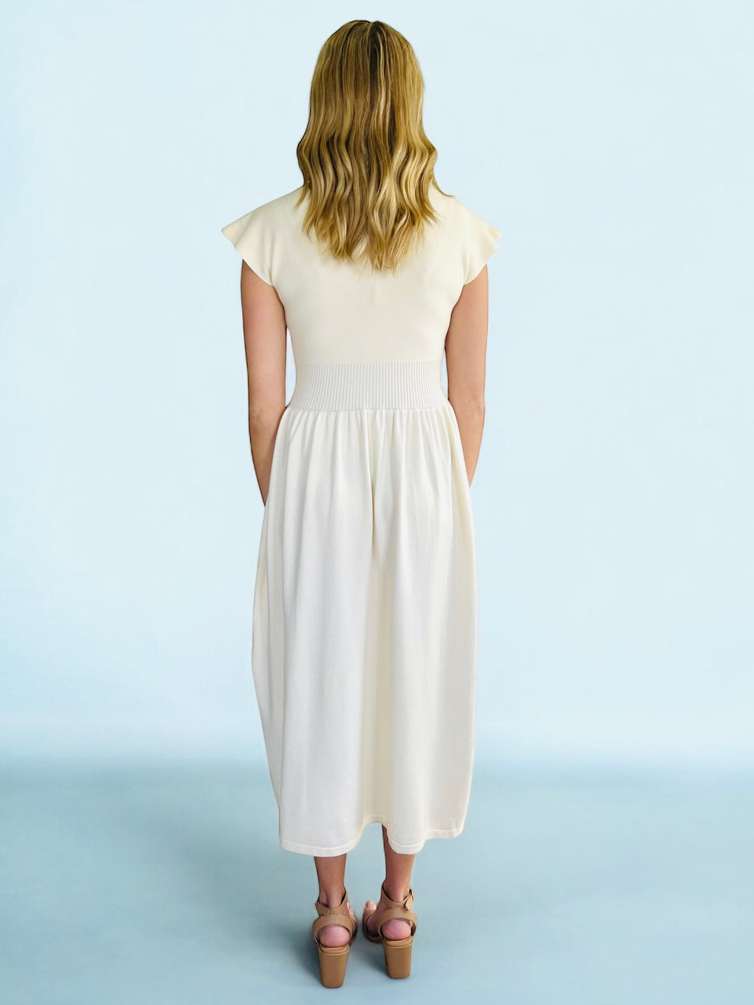Cream High Neck Knit Midi Length Dress