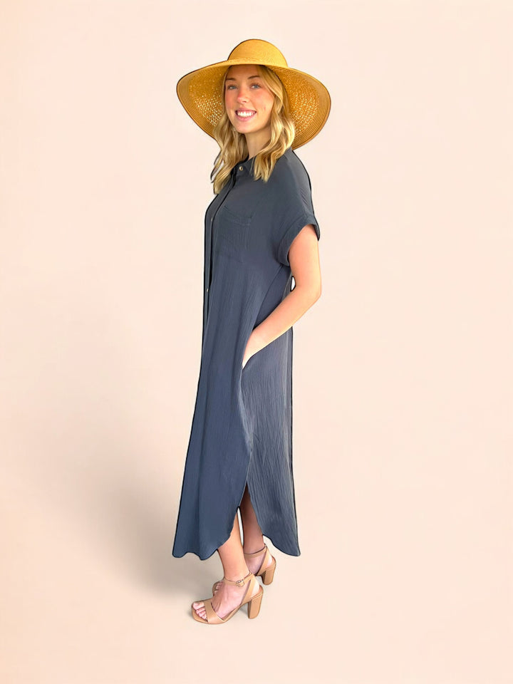 Gray Button Up Maxi Shirt Dress