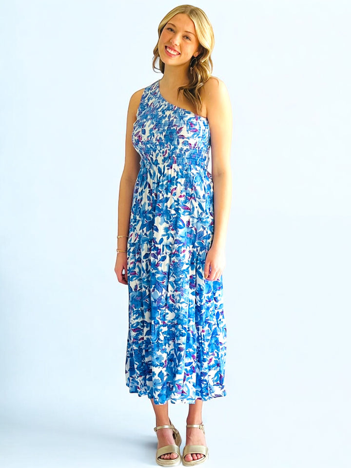 Blue Floral One Shoulder Midi Dress