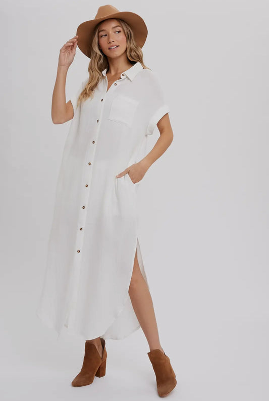 White Button Up Maxi Shirt Dress