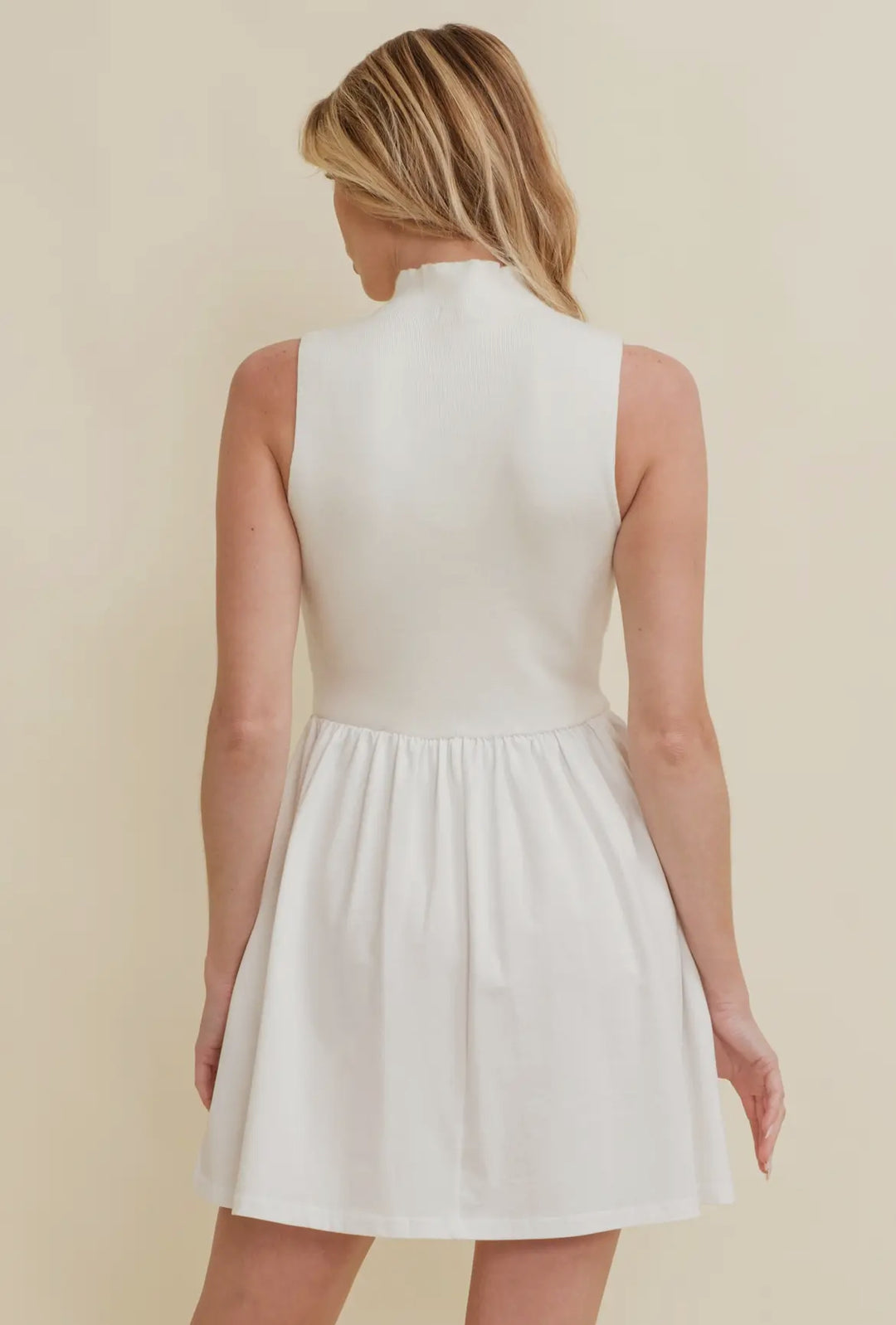Cream & White High Neck Mini Dress with Pockets