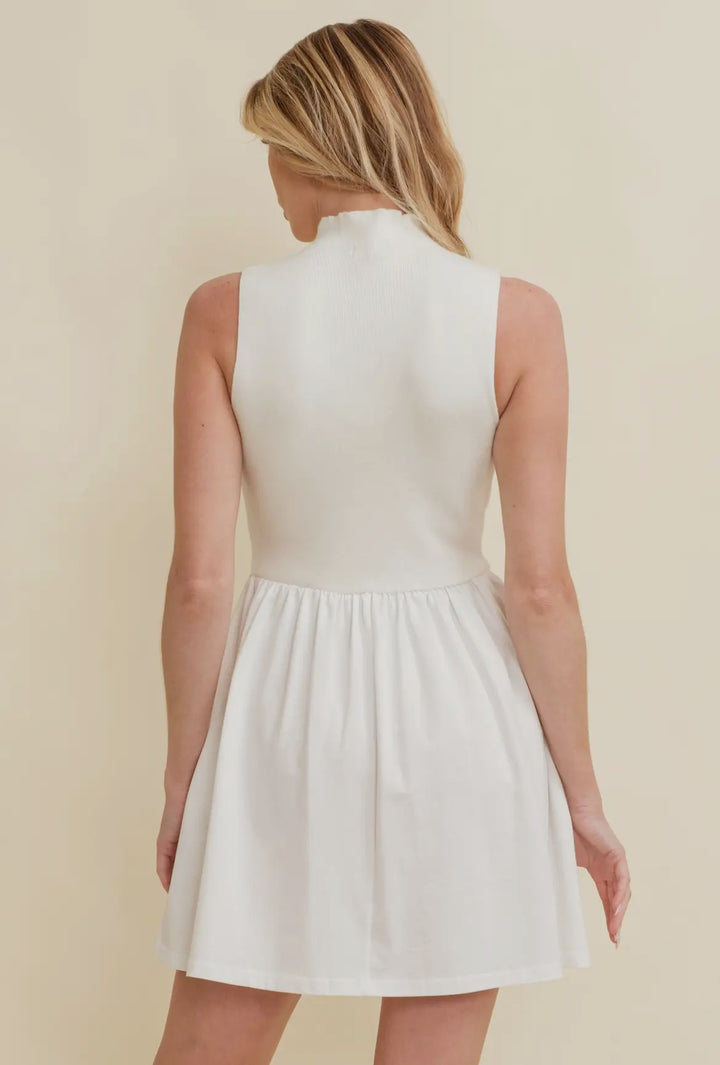 Cream & White High Neck Mini Dress with Pockets