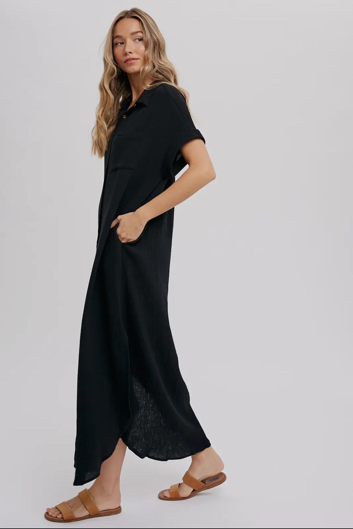 Black Button Up Maxi Shirt Dress