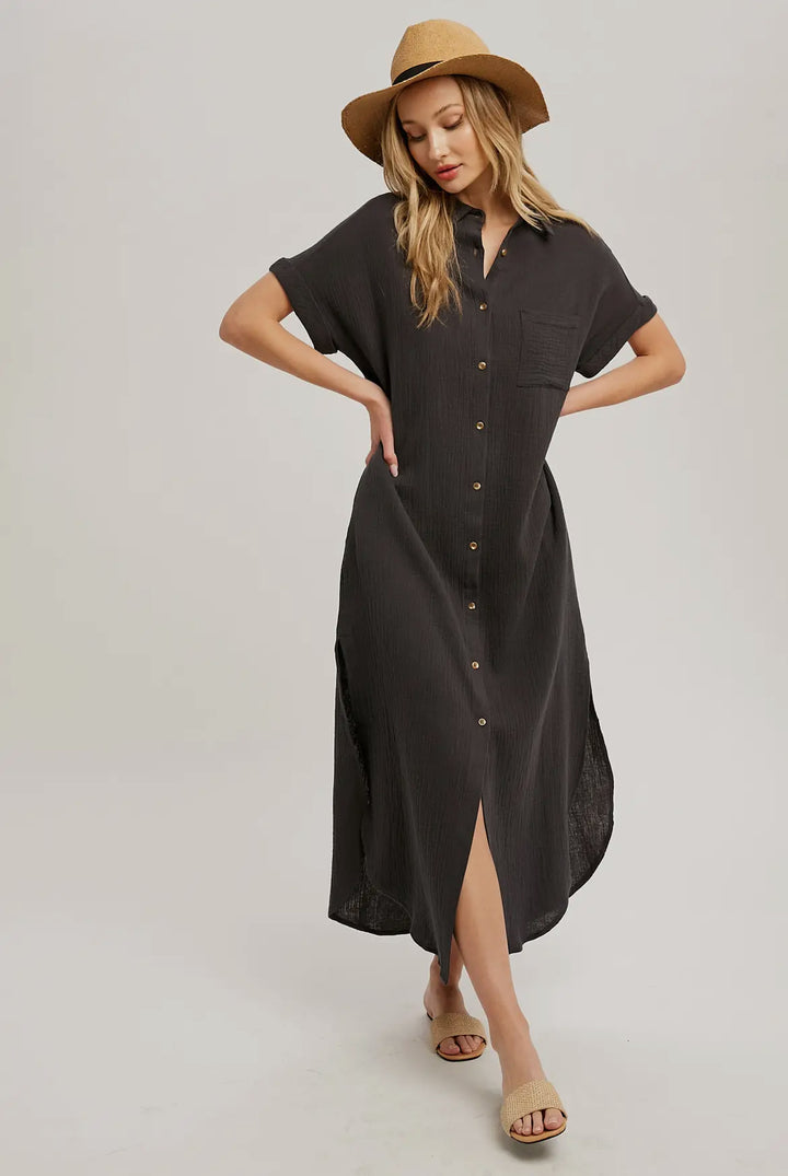 Gray Button Up Maxi Shirt Dress