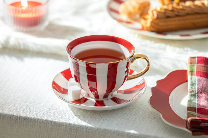 Red Carousel Stripes Fine Porcelain Cup and Saucer