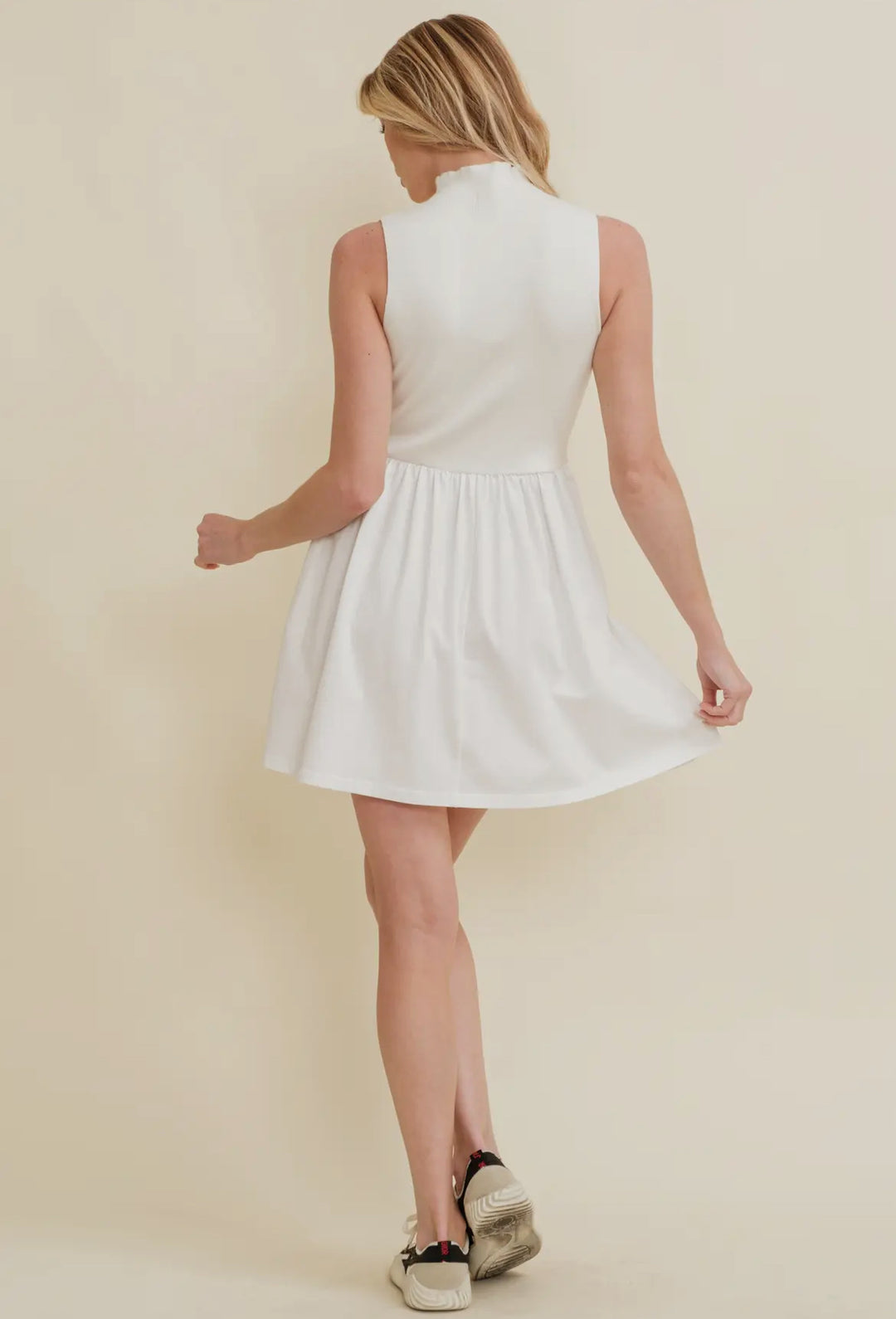 Cream & White High Neck Mini Dress with Pockets