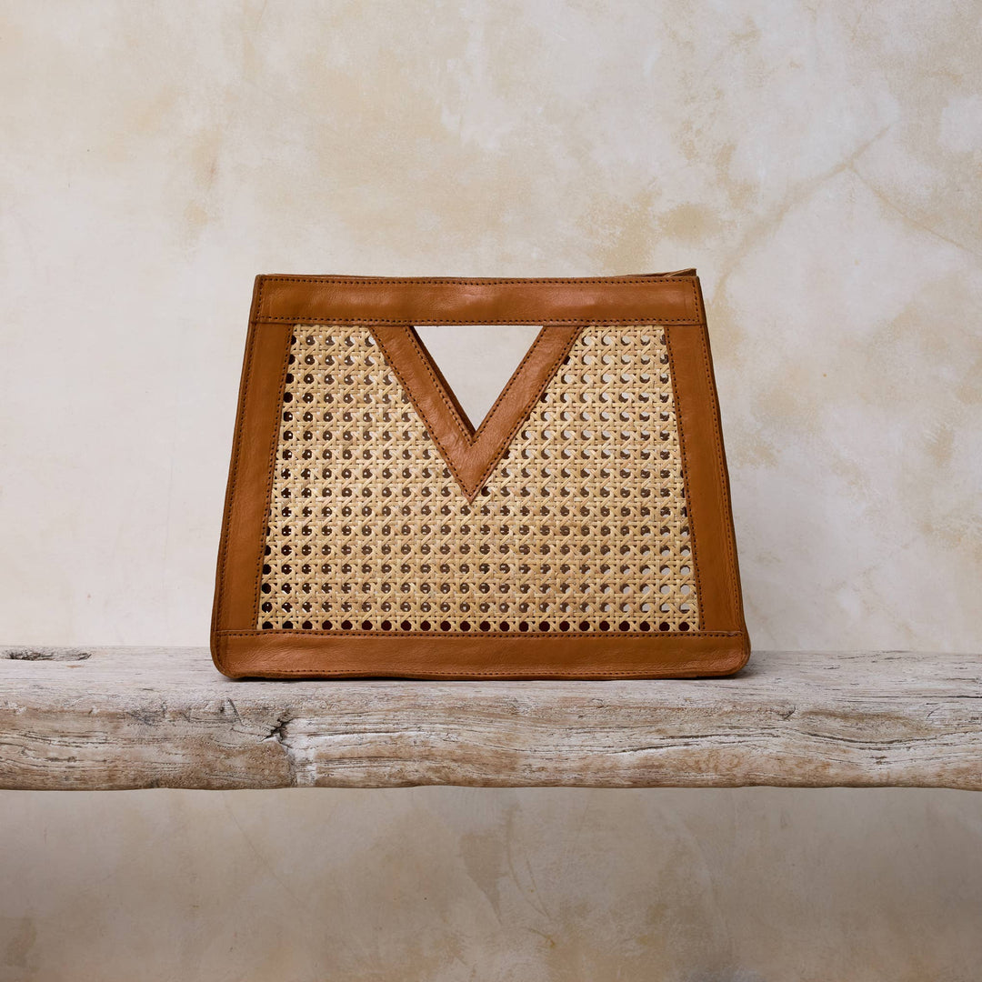 Brown Cane Weave Rattan Triangle Handbag