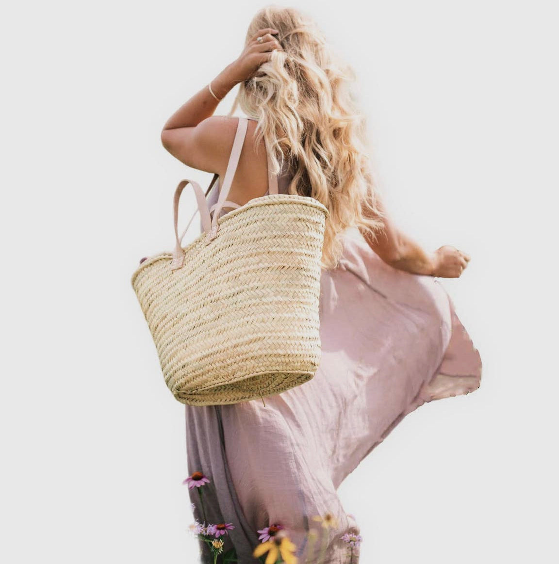 Handmade French Farmers Market/Beach Straw Bag with Double Flat Light Natural Leather Handles