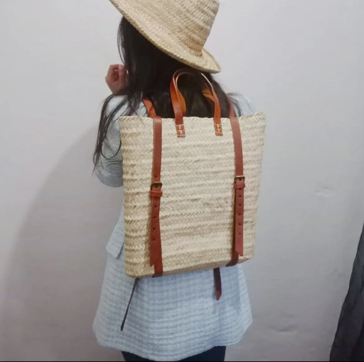 Handmade Farmers Market/Beach  Straw Backpack with Brown Leather Straps