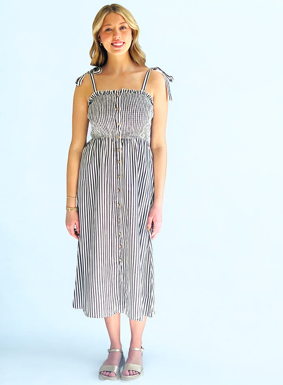 Black/White Striped Button Down Tie Strap Midi Dress