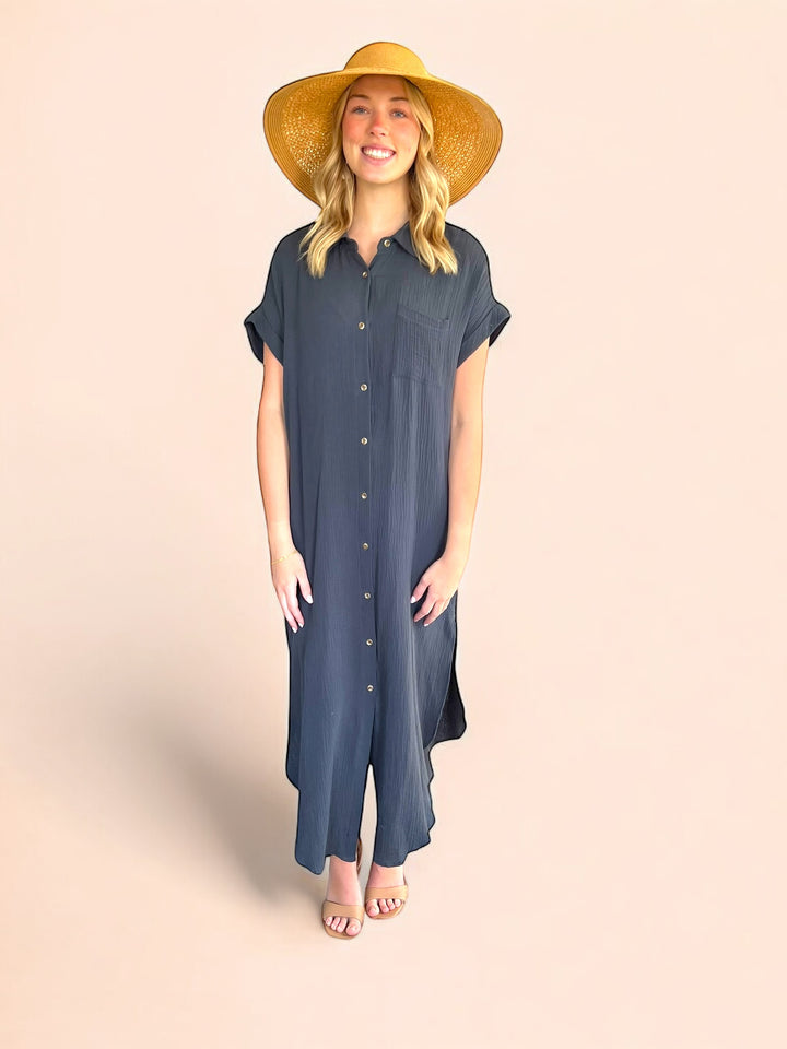 Gray Button Up Maxi Shirt Dress