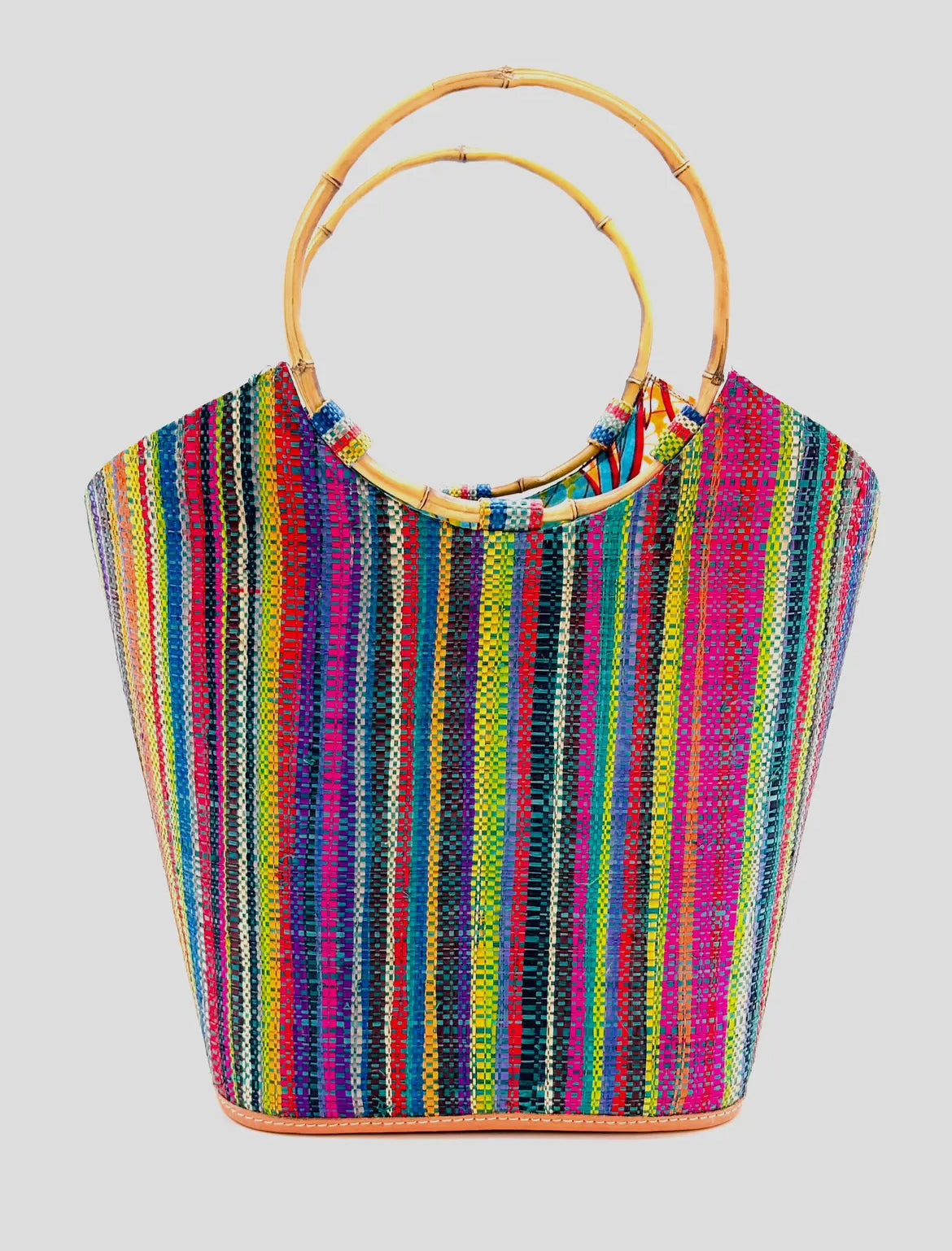 Bright Striped Straw Bucket Bag with Bamboo Handles