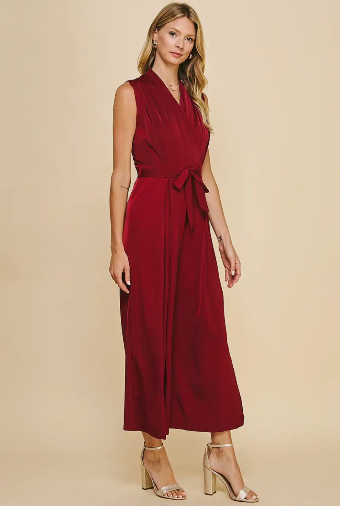 Wine Sleeveless Wide Leg Jumpsuit