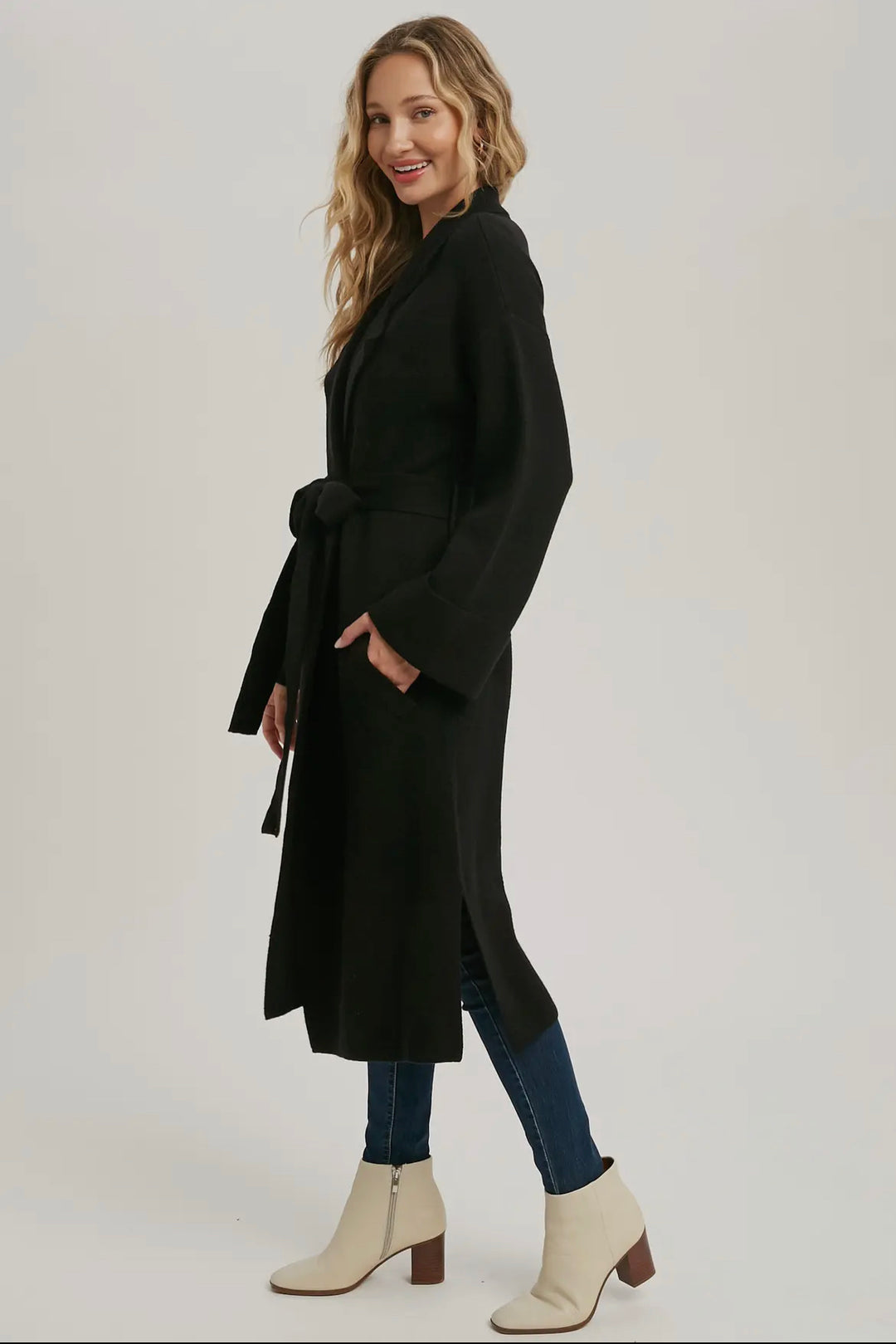 Lapel Collar Black Knitted Trench Coat