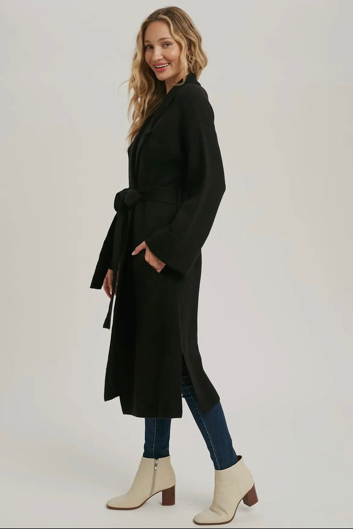 Lapel Collar Black Knitted Trench Coat