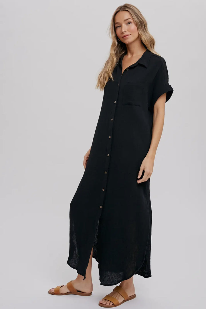 Black Button Up Maxi Shirt Dress