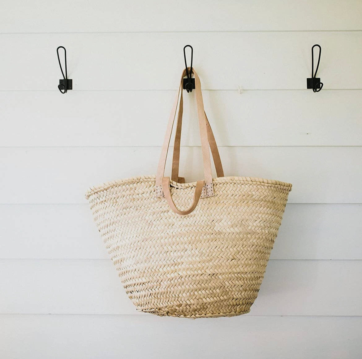 Handmade French Farmers Market/Beach Straw Bag with Double Flat Light Natural Leather Handles