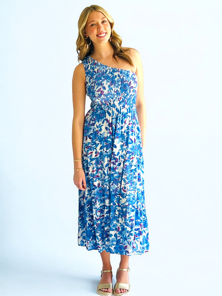 Blue Floral One Shoulder Midi Dress