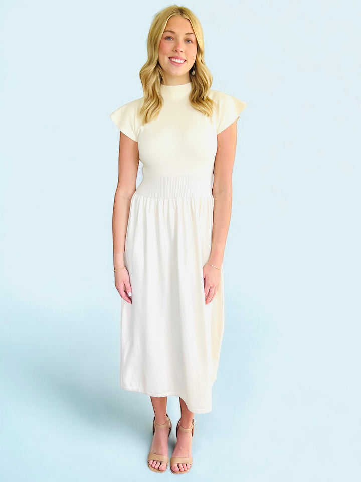 Cream High Neck Knit Midi Length Dress