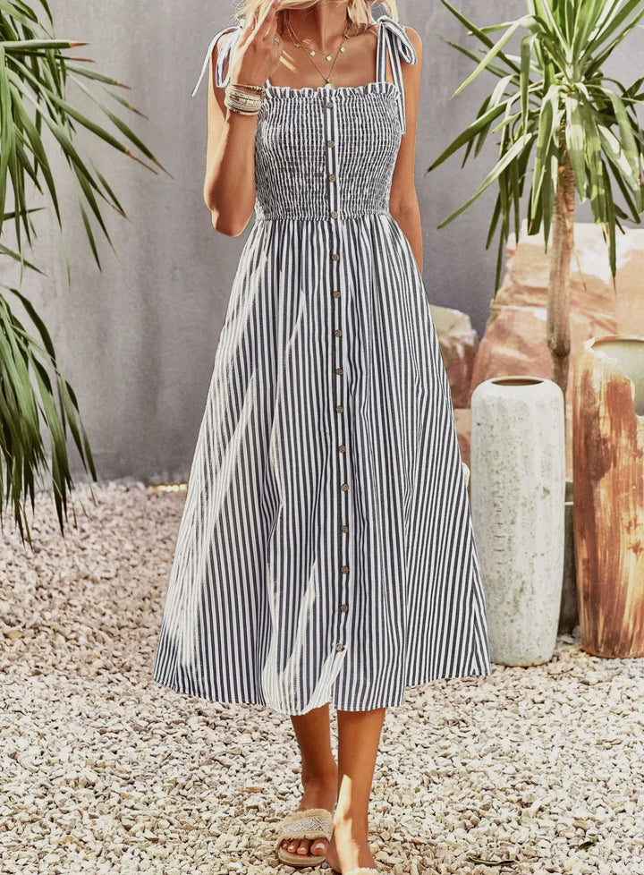 Black/White Striped Button Down Tie Strap Midi Dress