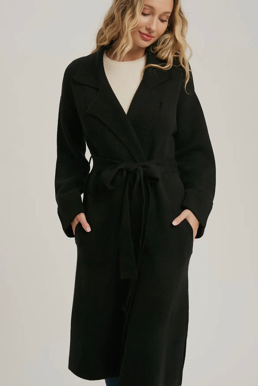 Lapel Collar Black Knitted Trench Coat