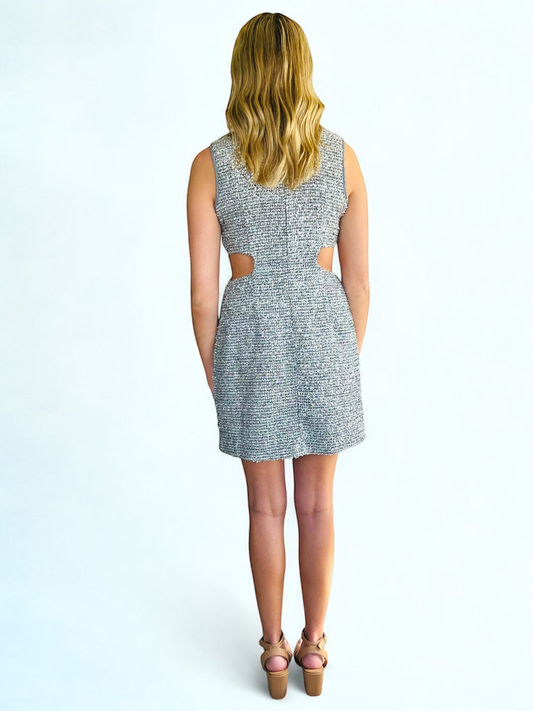 Metallic Silver Tweed Cut Out Mini Dress