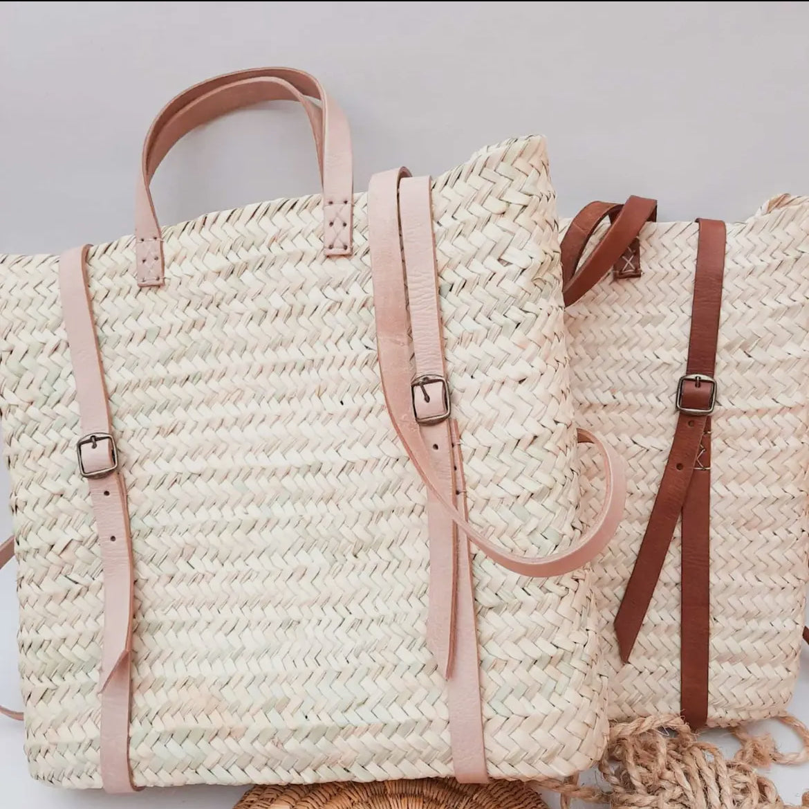 Handmade Farmers Market/Beach  Straw Backpack with Brown Leather Straps