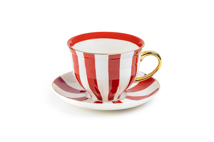 Red Carousel Stripes Fine Porcelain Cup and Saucer