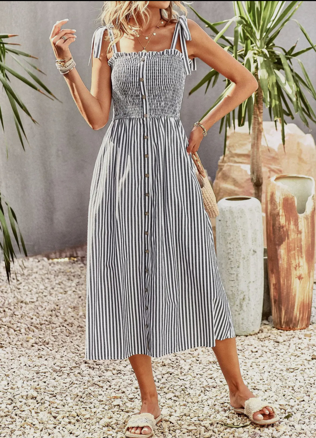 Black/White Striped Button Down Tie Strap Midi Dress