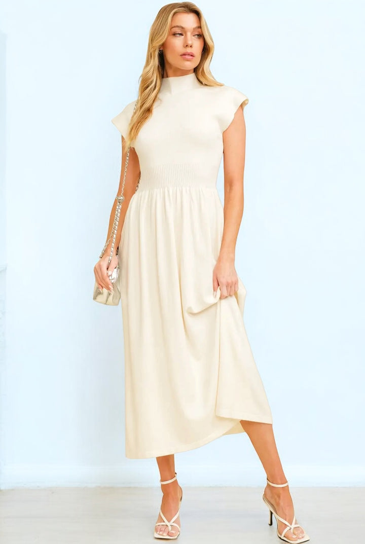 Cream High Neck Knit Midi Length Dress
