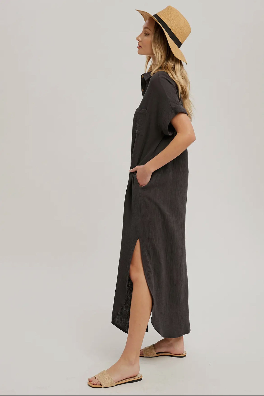 Gray Button Up Maxi Shirt Dress
