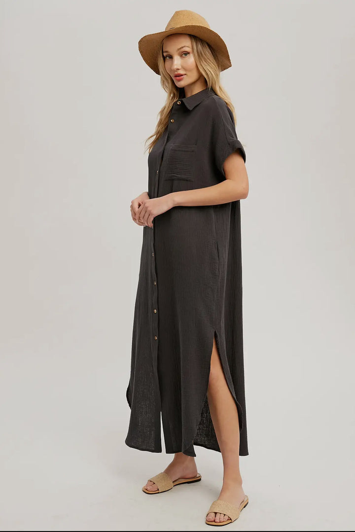 Gray Button Up Maxi Shirt Dress