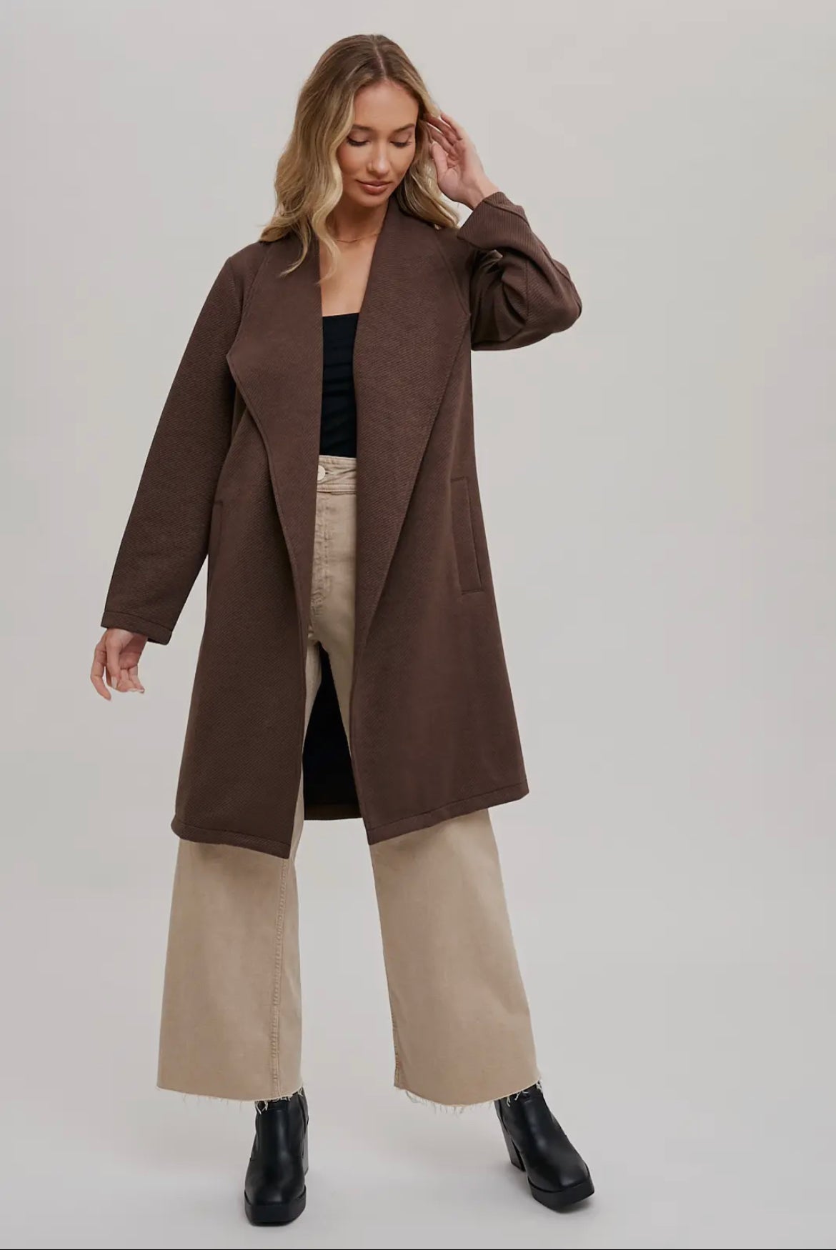 Espresso Draped Open Front Coat Jacket