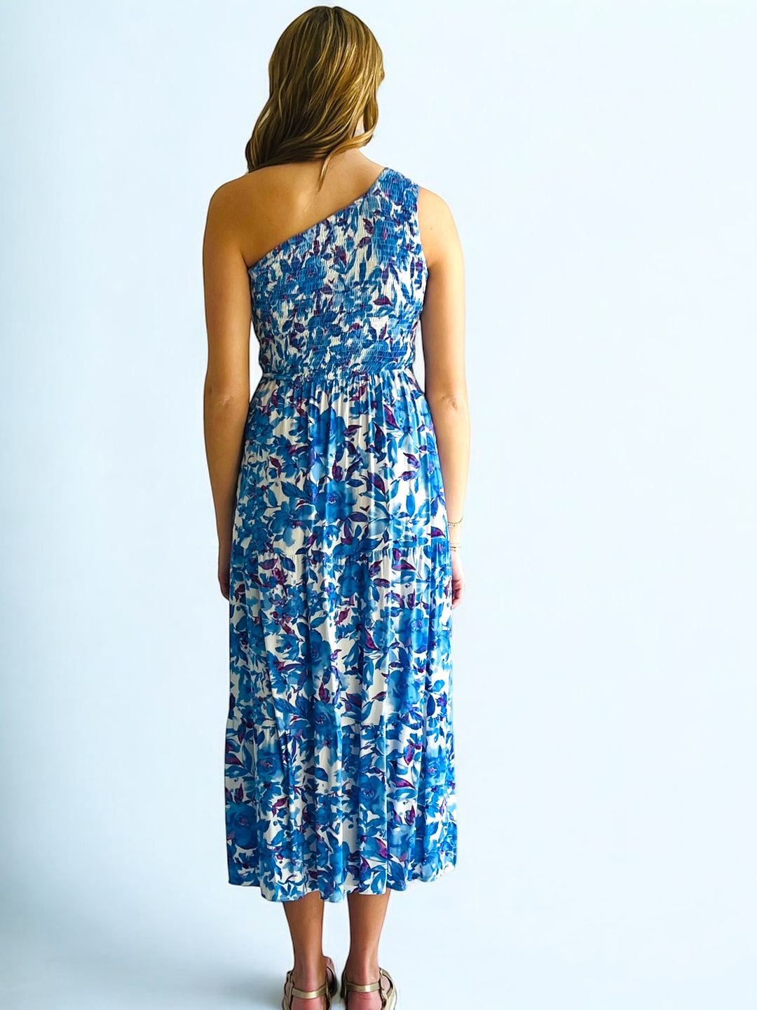 Blue Floral One Shoulder Midi Dress