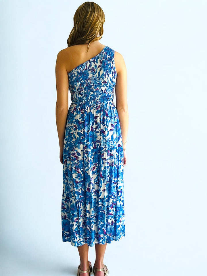 Blue Floral One Shoulder Midi Dress