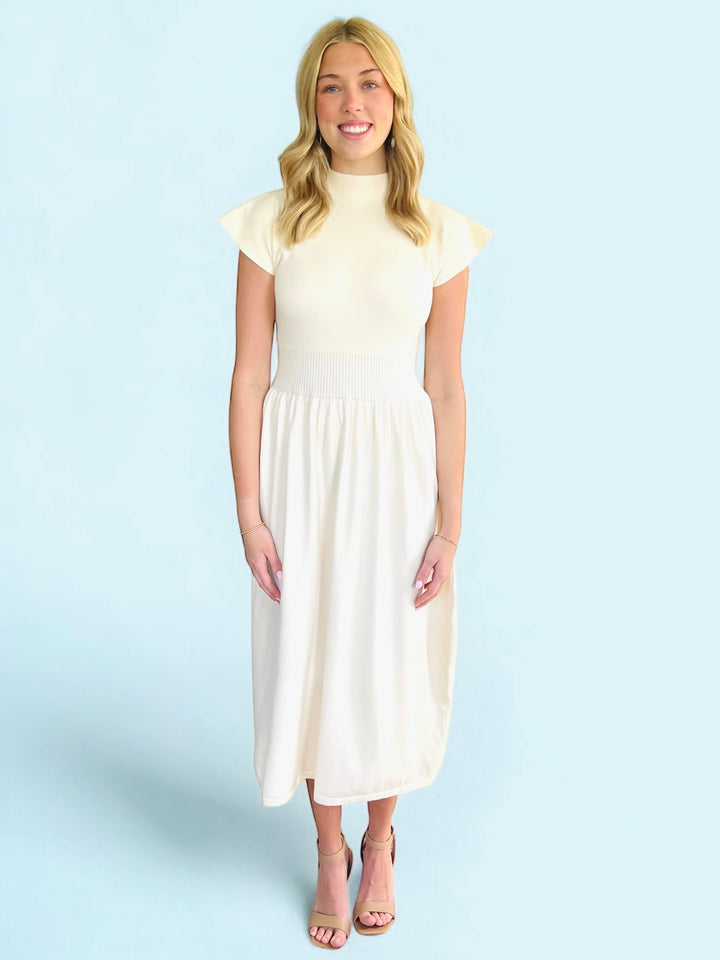 Cream High Neck Knit Midi Length Dress