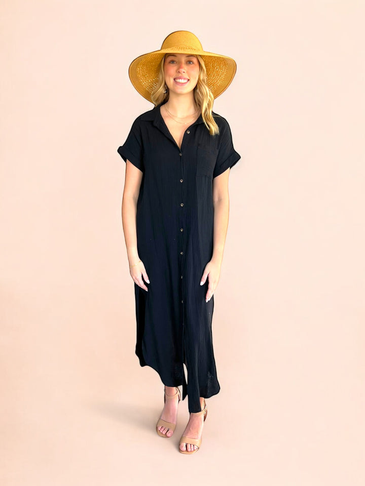Black Button Up Maxi Shirt Dress