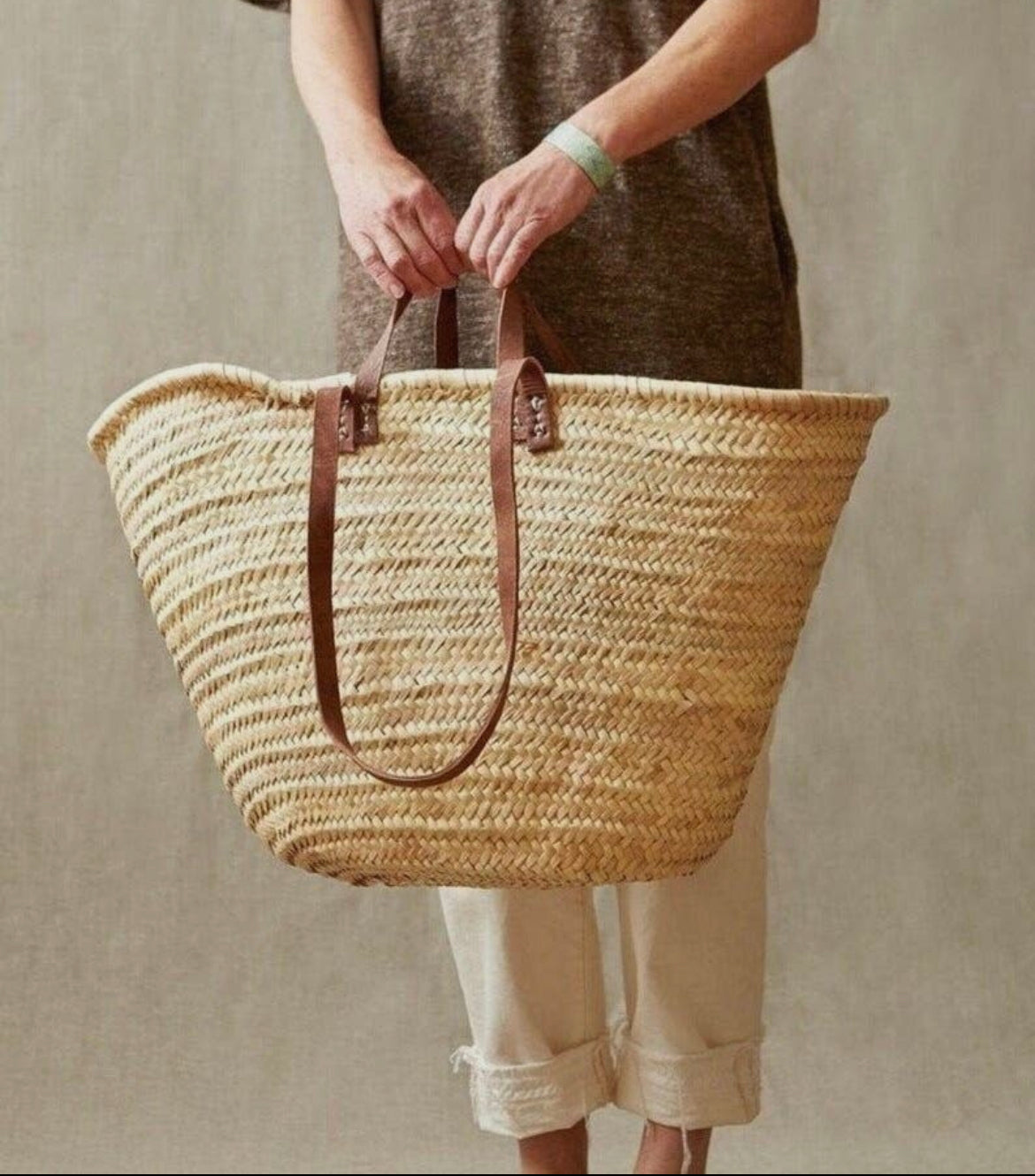 Handmade French Farmer’s Market/Beach Straw Bag with Double Flat Dark Brown Leather Handles