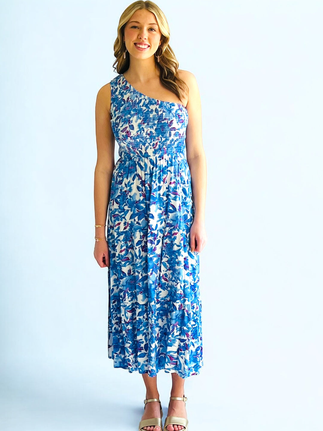 Blue Floral One Shoulder Midi Dress