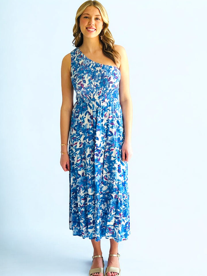 Blue Floral One Shoulder Midi Dress