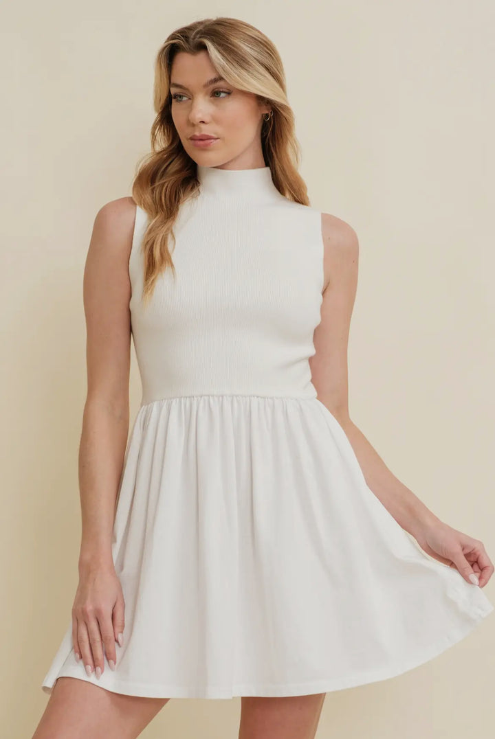 Cream & White High Neck Mini Dress with Pockets