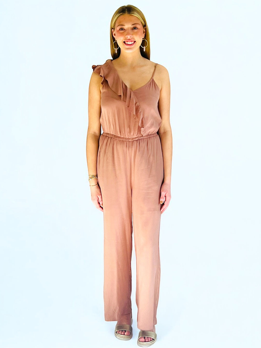 Mocha One Shoulder Ruffled Jumpsuit