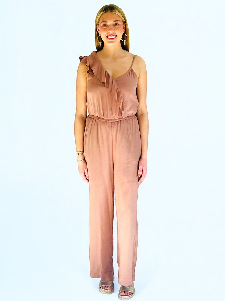 Mocha One Shoulder Ruffled Jumpsuit