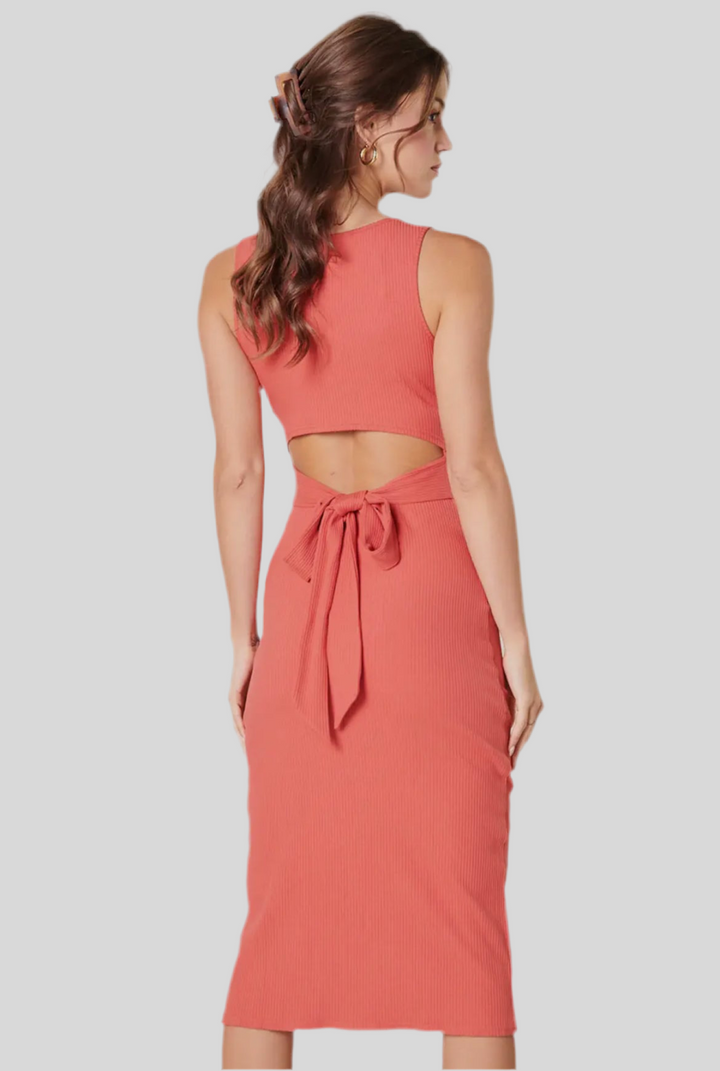 Brick Bow Tie Cut Out Midi Dress